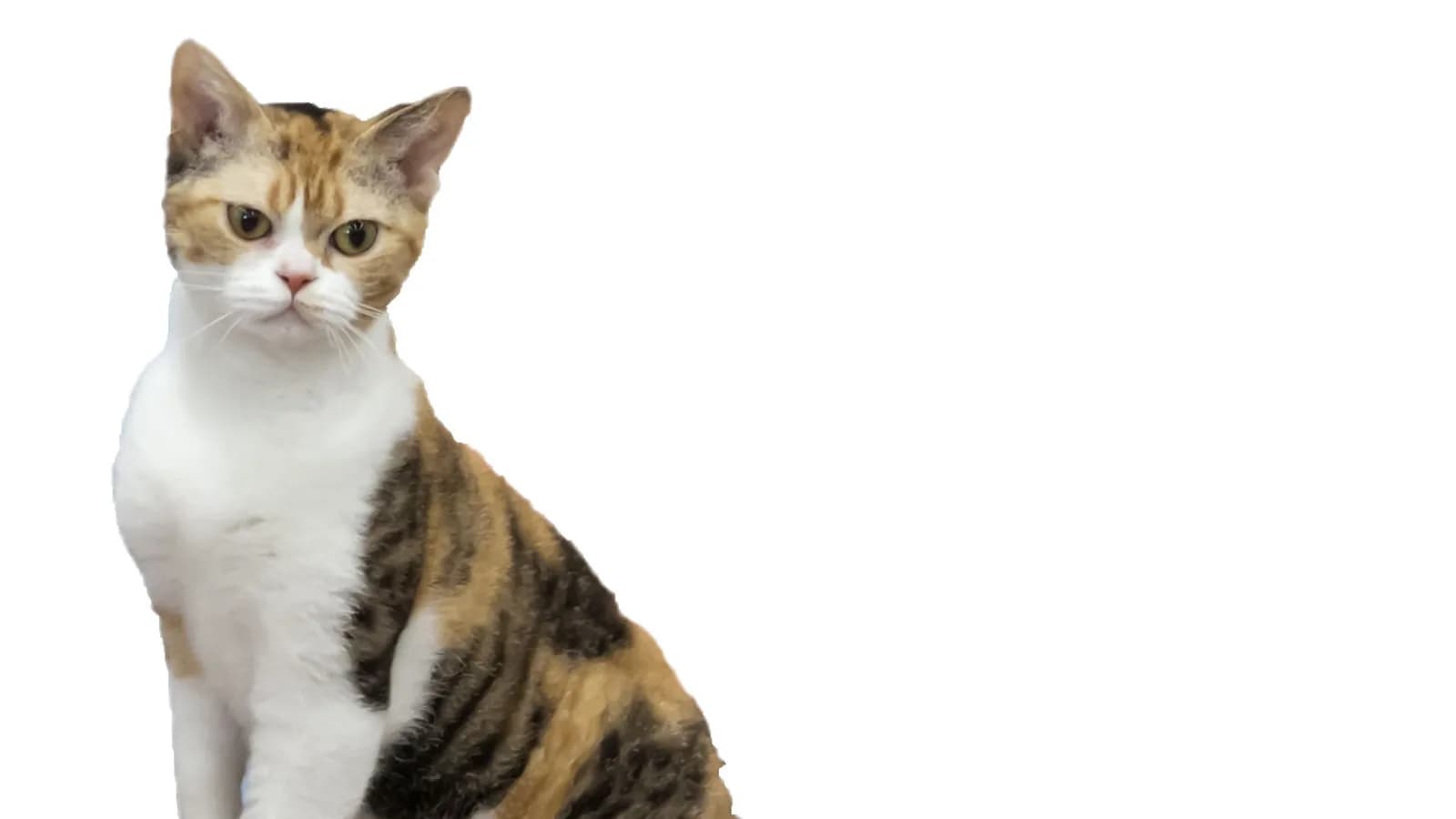 Calico American Wirehair seated in a studio portrait, the crimped coat catching the light