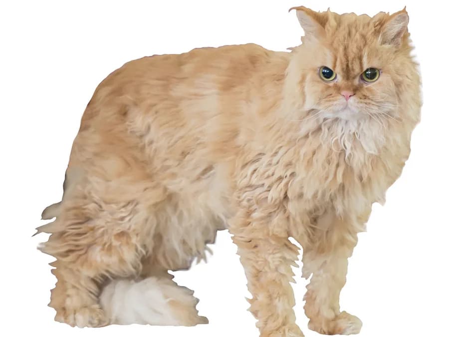Cream Selkirk Rex cat standing on a white background, curly plush coat in loose ringlets