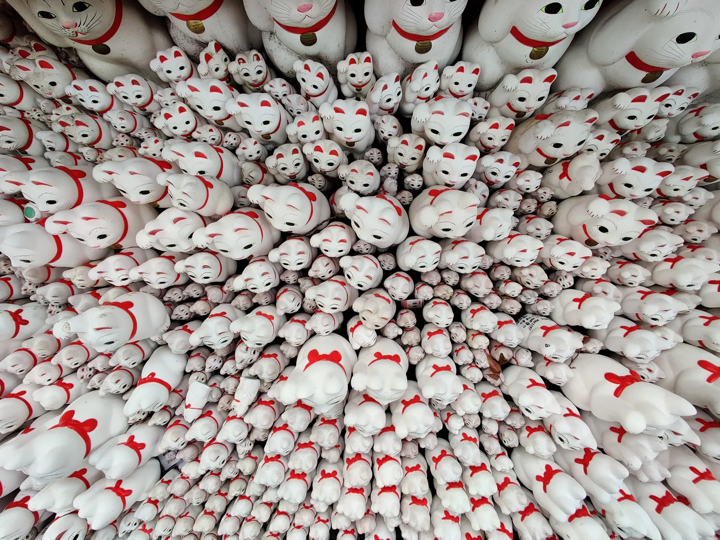 Hundreds of white maneki-neko beckoning cat figurines with red collars densely arranged at Gotokuji Temple in Tokyo