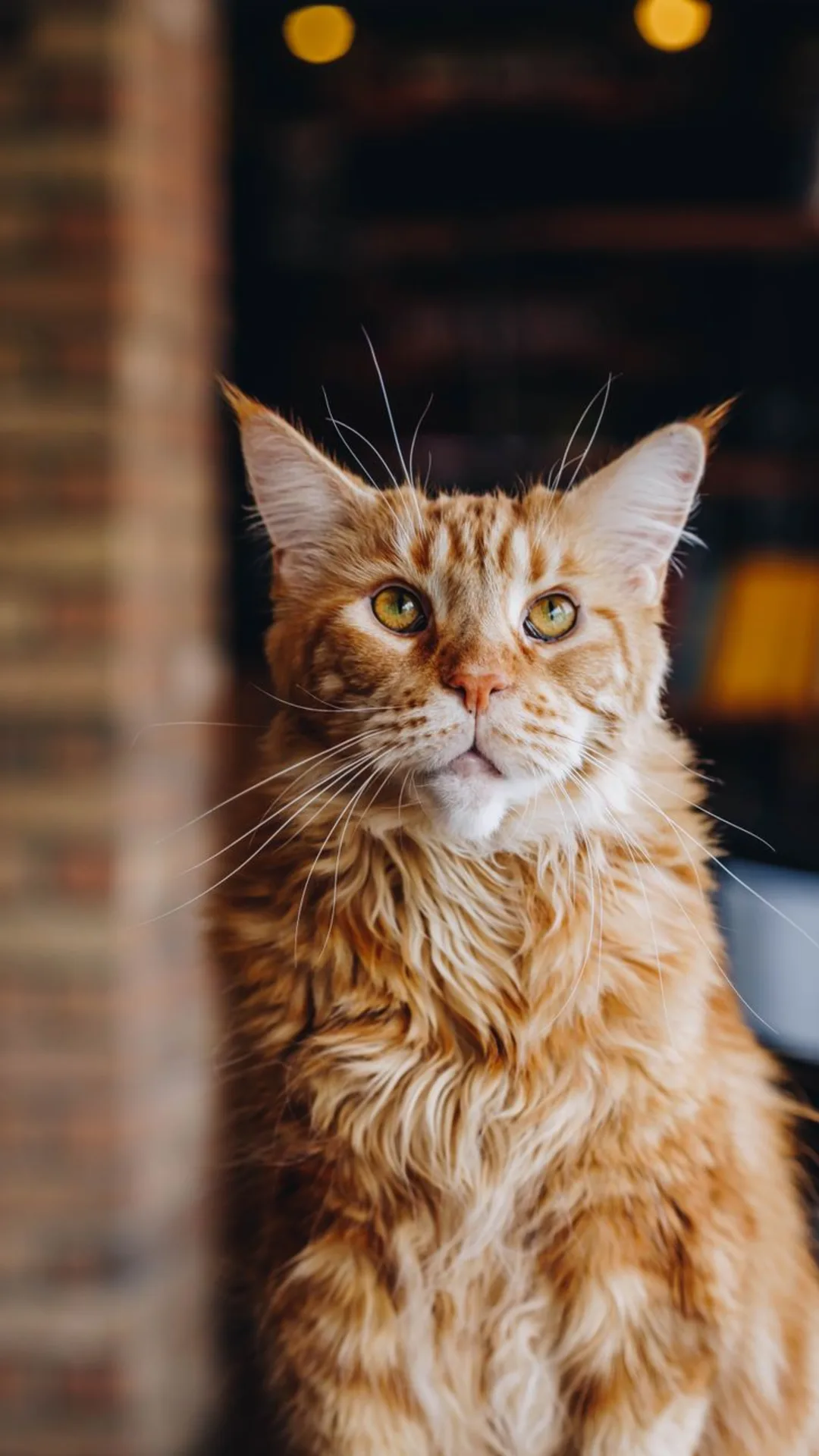 A stunning Maine Coon cat gazes upward with a fluffy coat and attentive eyes indoors.